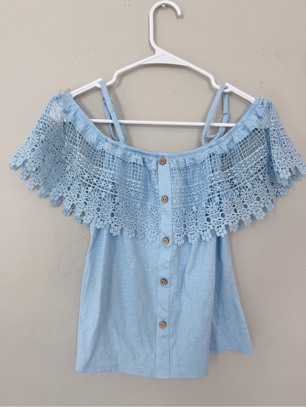 No Boundaries Light Blue Lace Off-Shoulder Button-Front Top